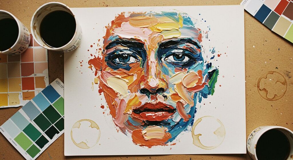 Tinta colorida sobre tela com anotações de design e paletas ao redor, simbolizando o processo criativo na construção da identidade visual e branding autêntico