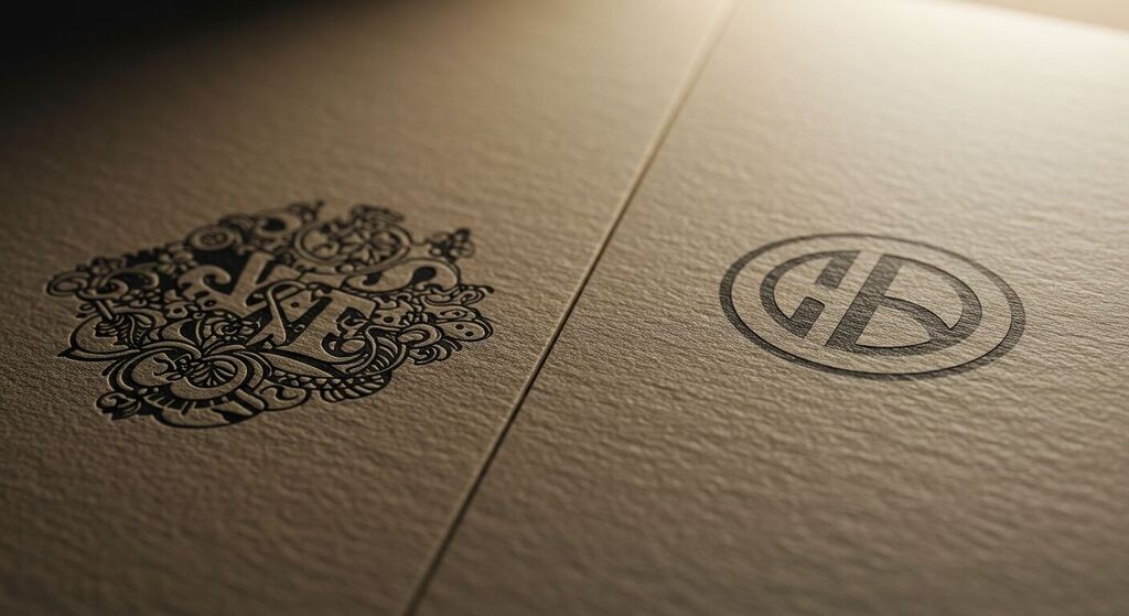 Comparativo visual entre logotipo detalhado e versão minimalista, destacando a importância da simplicidade no branding.