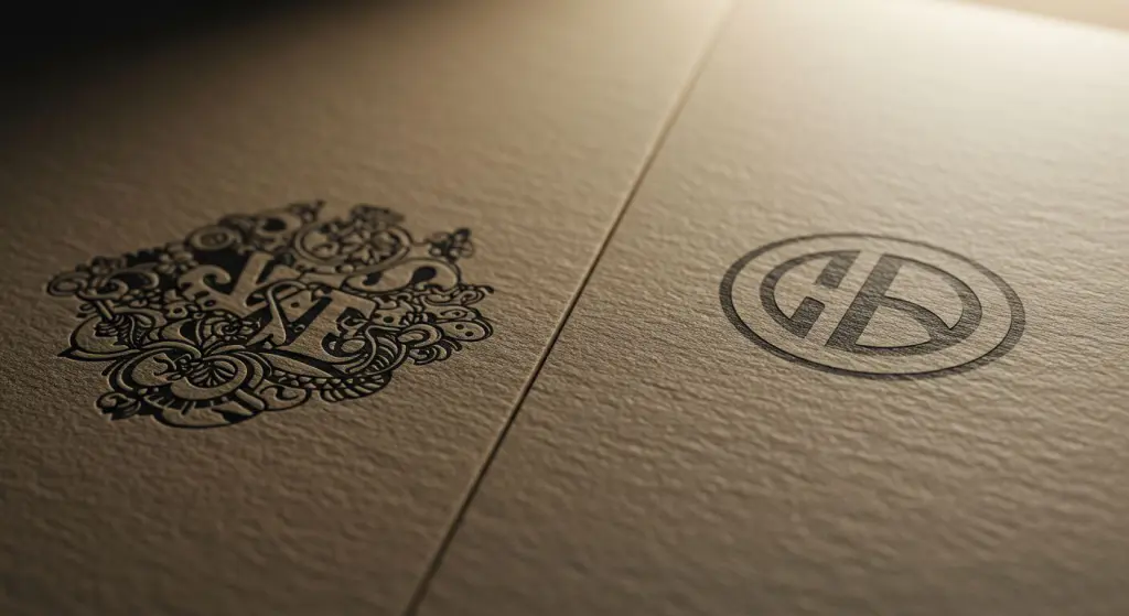 Comparativo visual entre logotipo detalhado e versão minimalista, destacando a importância da simplicidade no branding.