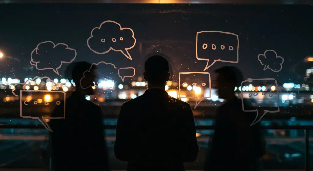 Silhuetas em movimento atrás de vidro com balões de fala desenhados, ilustrando o storytelling e a comunicação autêntica no branding de marca