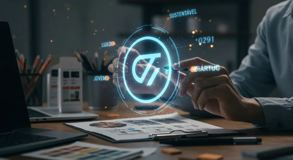 Designer ajustando logomarca holográfica com palavras-chave de posicionamento e propósito, mostrando a importância do branding criativo e identidade visual clara.