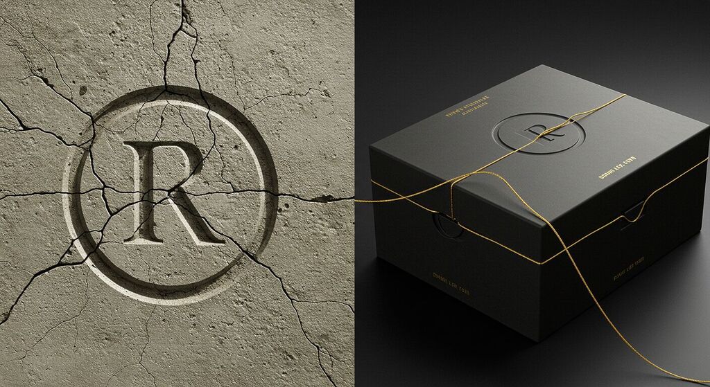 Logo antigo esculpido em pedra se transformando em logo moderno, conectado por um fio dourado, simbolizando a continuidade da identidade visual profissional.