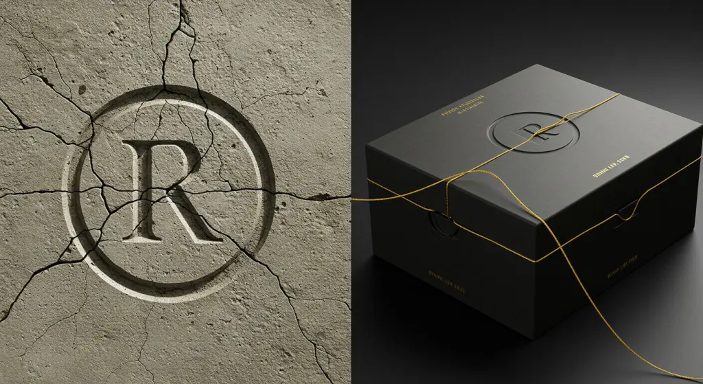 Logo antigo esculpido em pedra se transformando em logo moderno, conectado por um fio dourado, simbolizando a continuidade da identidade visual profissional.