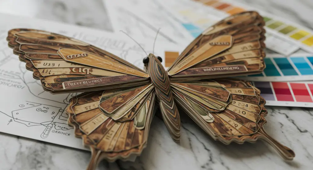 Borboleta com asas feitas de cartões de visita e paletas de cores, conceito de branding e identidade visual