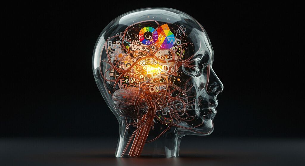 Cabeça de vidro com tipografia, paletas de cores e esboços de logotipo, conceito criativo de identidade visual