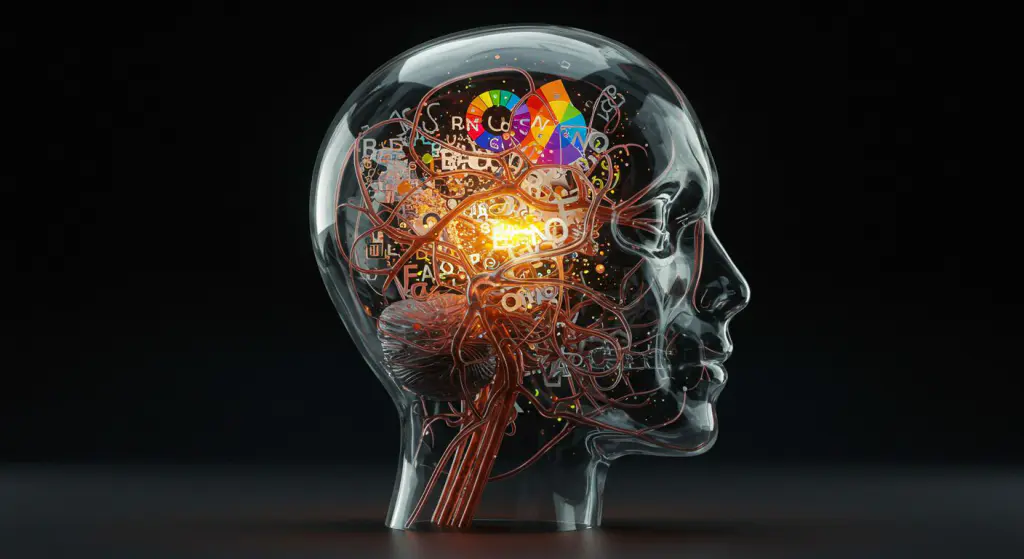 Cabeça de vidro com tipografia, paletas de cores e esboços de logotipo, conceito criativo de identidade visual