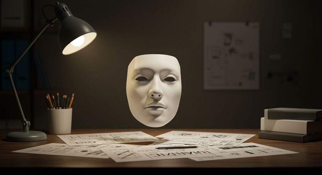 Mestre em design gráfico criando o rosto simbólico de uma marca com logomarca flutuante, representando a identidade visual profissional e o branding criativo.