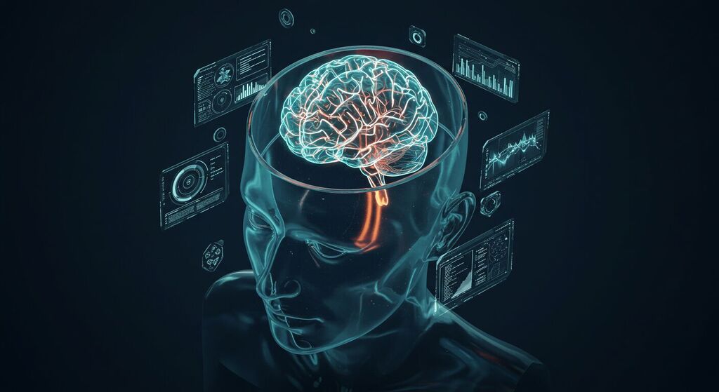 Conceito visual de design centrado no usuário com cabeça de vidro transparente e dados luminosos representando experiência digital