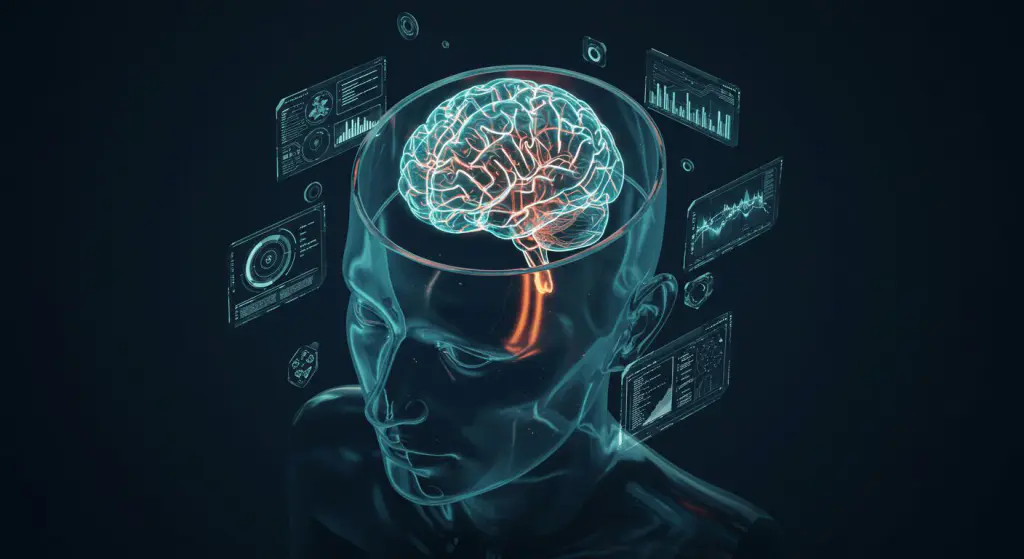 Conceito visual de design centrado no usuário com cabeça de vidro transparente e dados luminosos representando experiência digital