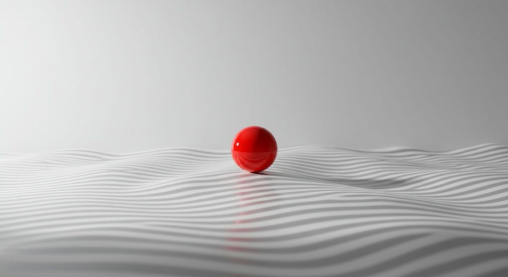 Design minimalista com esfera vermelha flutuante em ambiente branco representando impacto visual e clareza