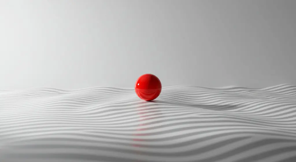 Design minimalista com esfera vermelha flutuante em ambiente branco representando impacto visual e clareza