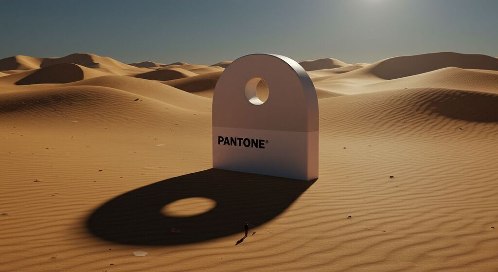 Escultura conceitual de logotipo em deserto de amostras Pantone, arte de branding e identidade visual em Belo Horizonte