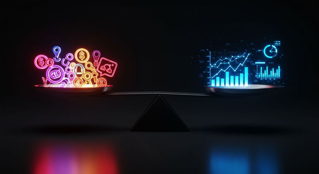 Representação conceitual da mensuração de resultados em branding criativo, unindo análise de dados e identidade visual profissional.