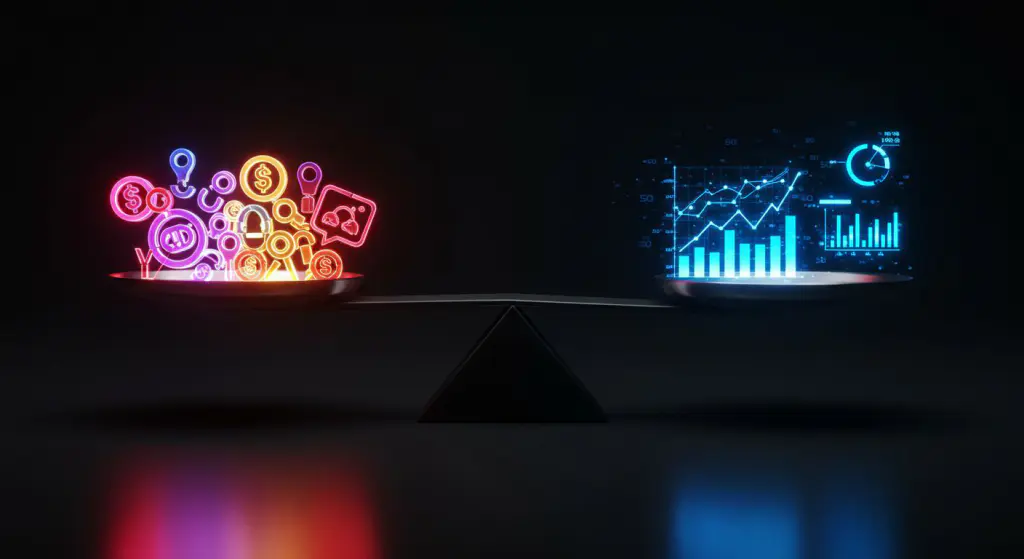 Representação conceitual da mensuração de resultados em branding criativo, unindo análise de dados e identidade visual profissional.