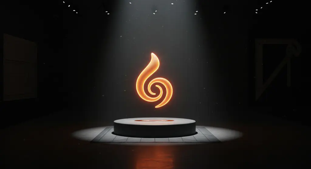Símbolo de logomarca flutuando em pedestal iluminado em galeria escura, representando o logo como alma da marca e peça central do branding visual estratégico.