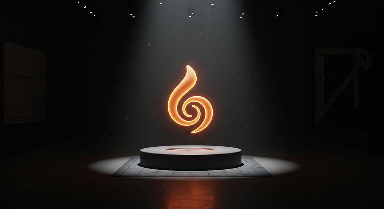 Símbolo de logomarca flutuando em pedestal iluminado em galeria escura, representando o logo como alma da marca e peça central do branding visual estratégico.