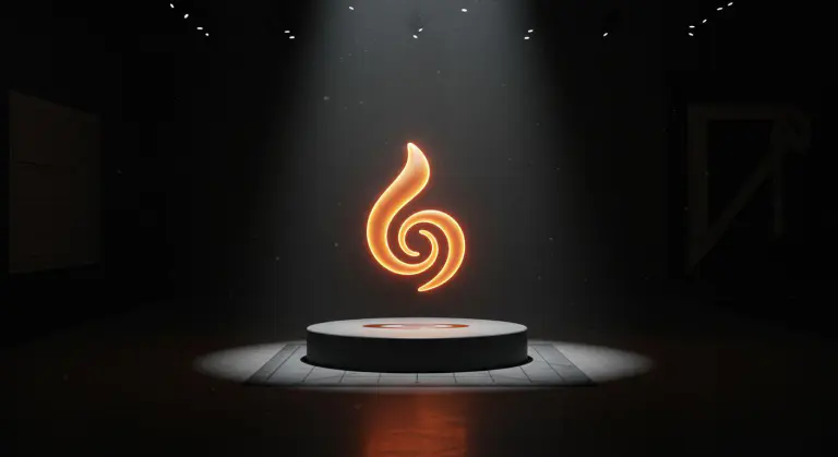 Símbolo de logomarca flutuando em pedestal iluminado em galeria escura, representando o logo como alma da marca e peça central do branding visual estratégico.