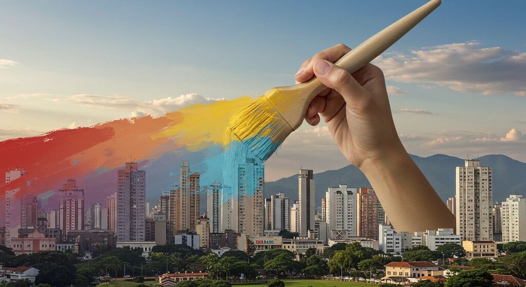 Mão gigante pintando a skyline de Belo Horizonte com cores vibrantes e design de marca