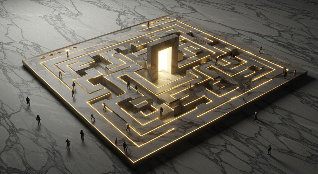 Labirinto artístico em formato de sitemap de site com caminhos iluminados representando navegação intuitiva