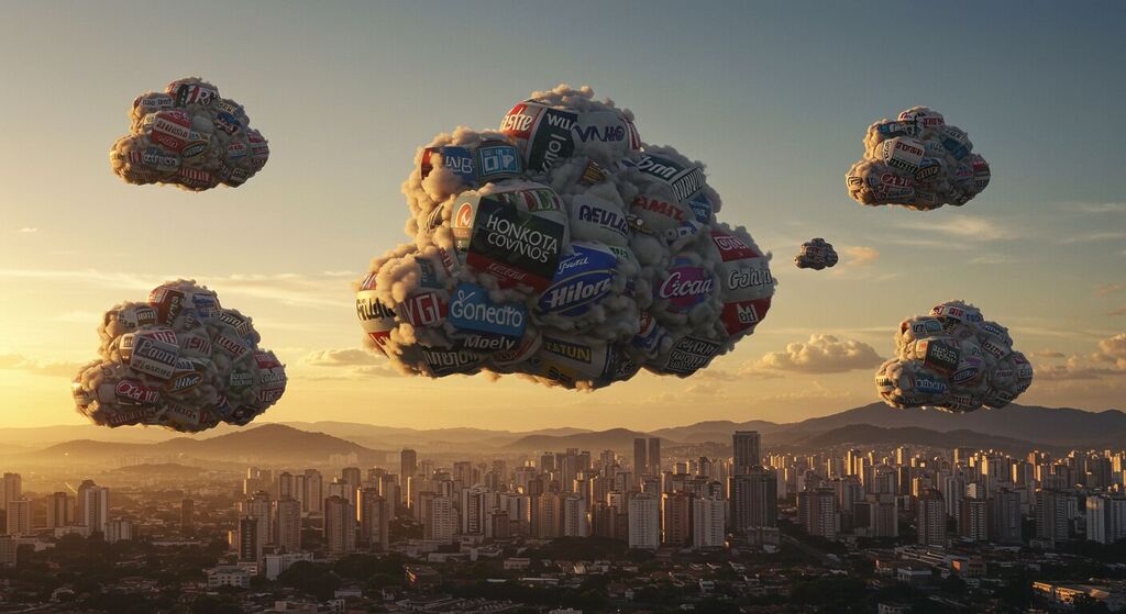 Nuvens em forma de cubo com padrões de logotipo e tipografia sobre Belo Horizonte