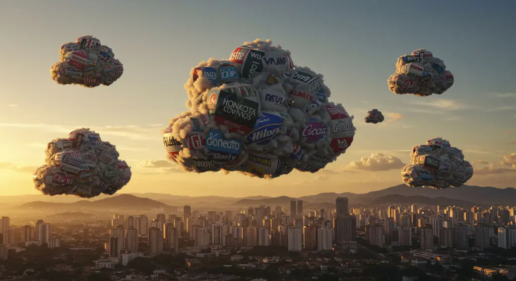 Nuvens em forma de cubo com padrões de logotipo e tipografia sobre Belo Horizonte