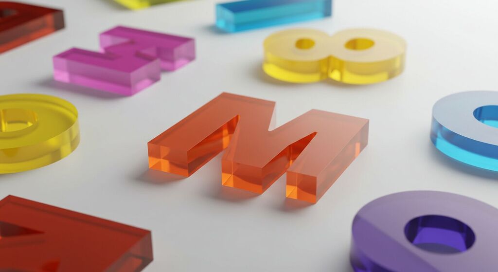 Letras acrílicas coloridas sobre fundo branco representando tipografia criativa e harmonia visual no web design