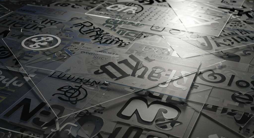 Folhas transparentes sobrepostas exibindo logomarcas em camadas artísticas e nítidas