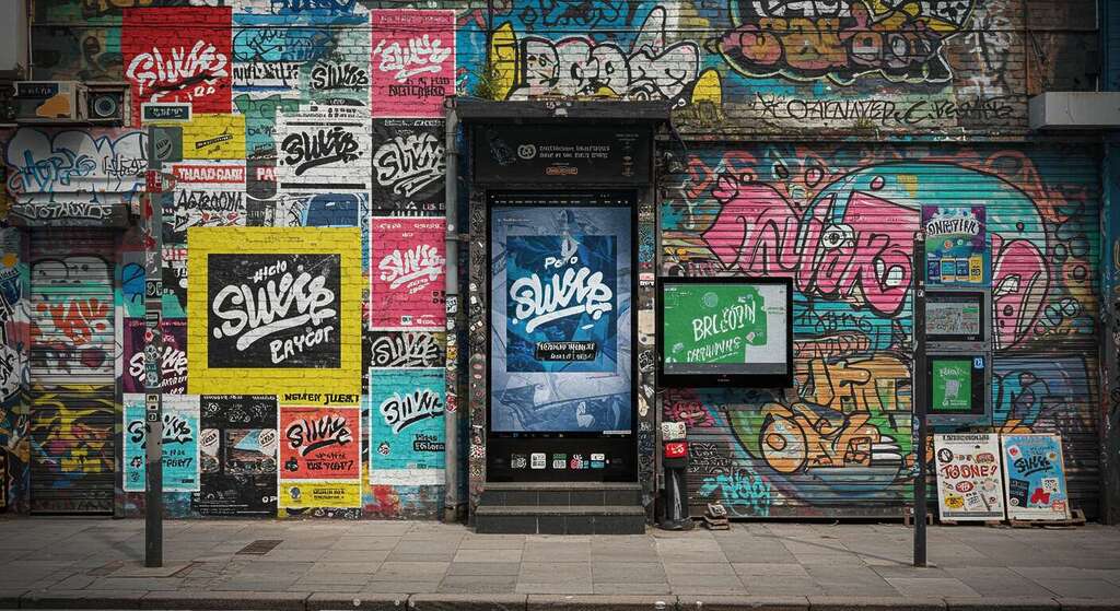 Colagem artística com pôsteres, embalagens e telas digitais exibindo a mesma logomarca