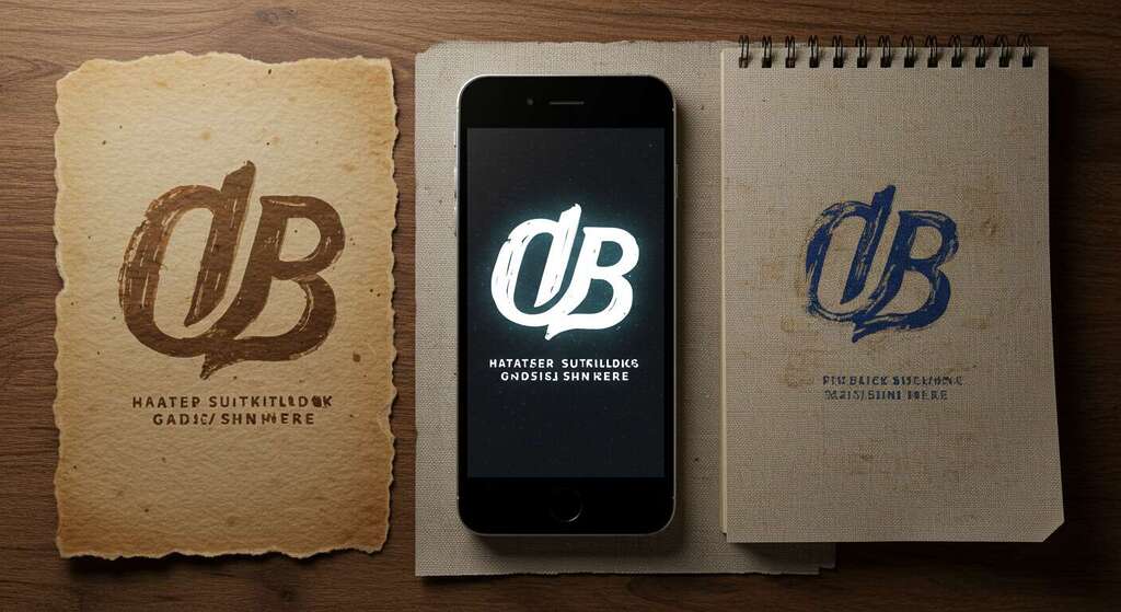 Logomarca sendo aplicada artisticamente em celular, papel, tecido e tela digital