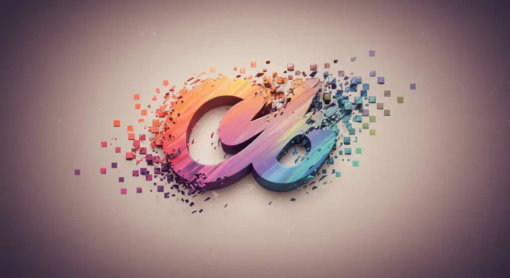 Arte conceitual de logomarca se transformando em pixels representando o universo digital