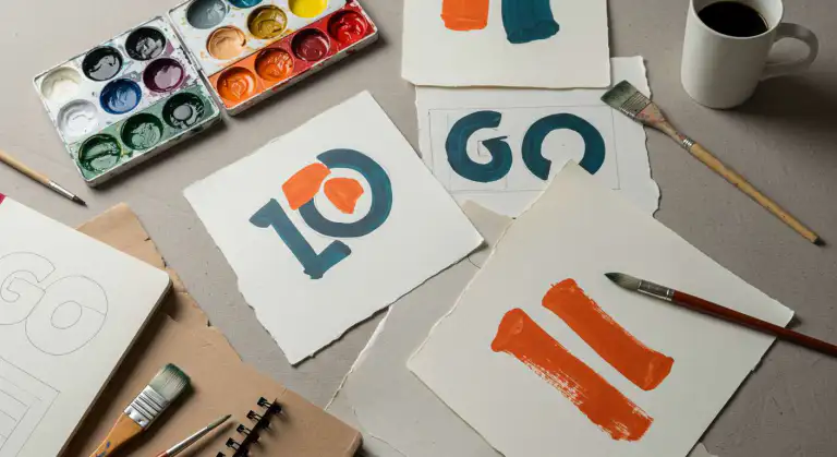 Processo criativo de design gráfico mostrando rascunhos de logomarca versátil em papel e tela digital