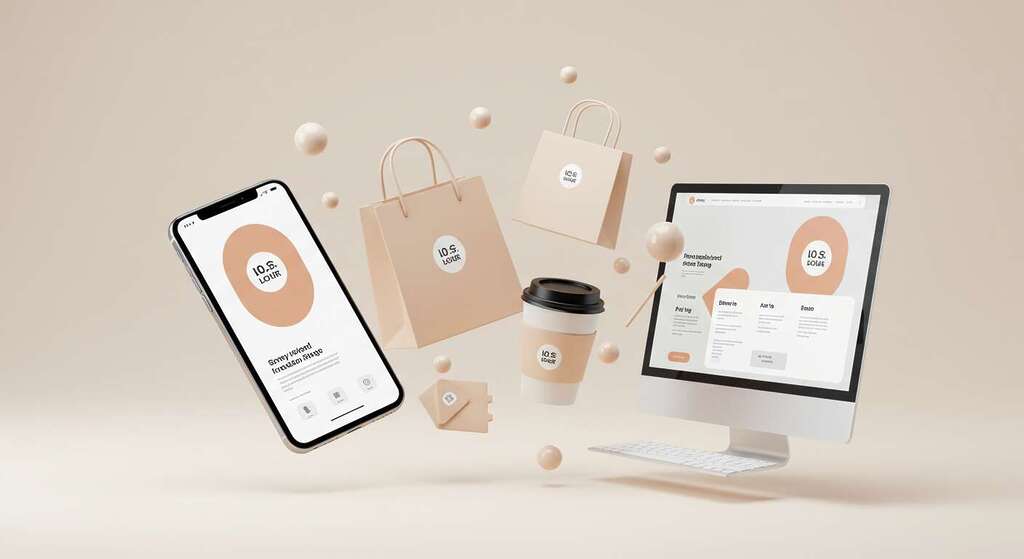 Itens de branding flutuando, incluindo aplicativos, sacolas, cadernos, mostrando aplicação da identidade visual em todos os pontos de contato