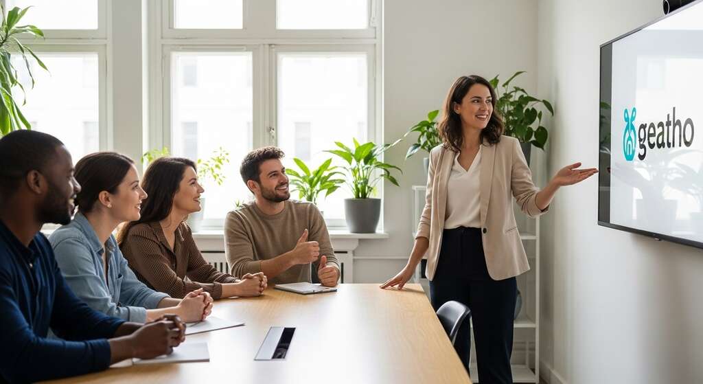 Apresentação de logotipo e identidade visual para equipe ou clientes, mostrando branding profissional e lançamento impactante.