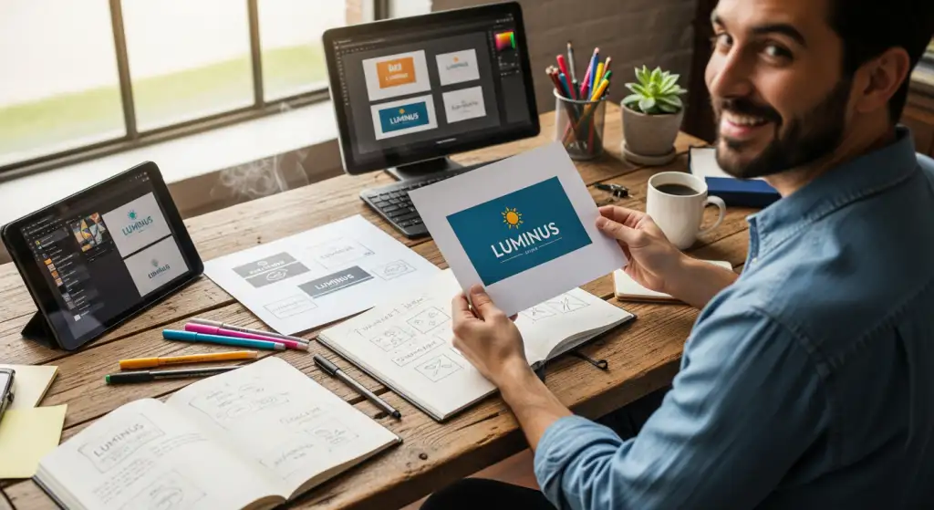 Designer segurando mockup de logotipo profissional, cercado por sketches, transmitindo identidade visual e branding humano.