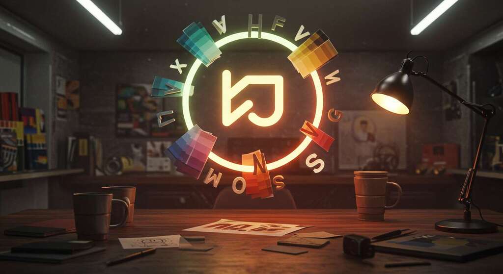 Paletas de cores e tipografias em workspace de designer, destacando escolha de cores e fontes para logomarca