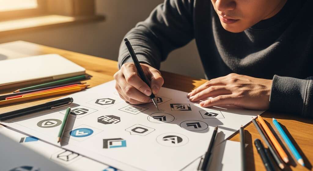 Processo criativo de testar e ajustar variações de logotipo para otimizar a identidade visual da marca.