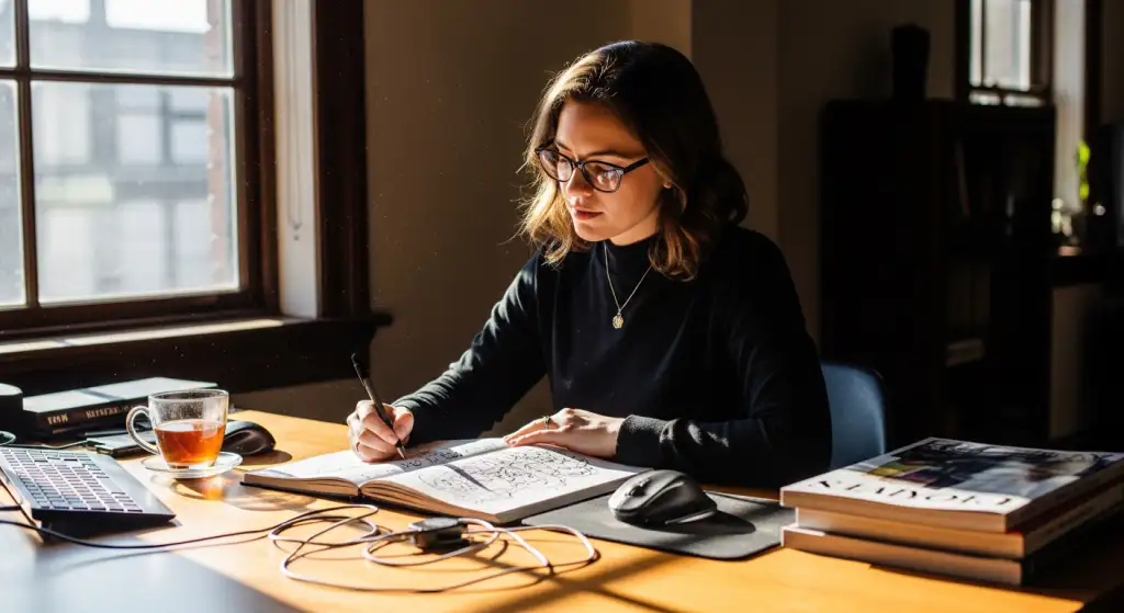 Designer analisando esboços e mood boards para criar a essência da marca e desenvolver um logotipo profissional.
