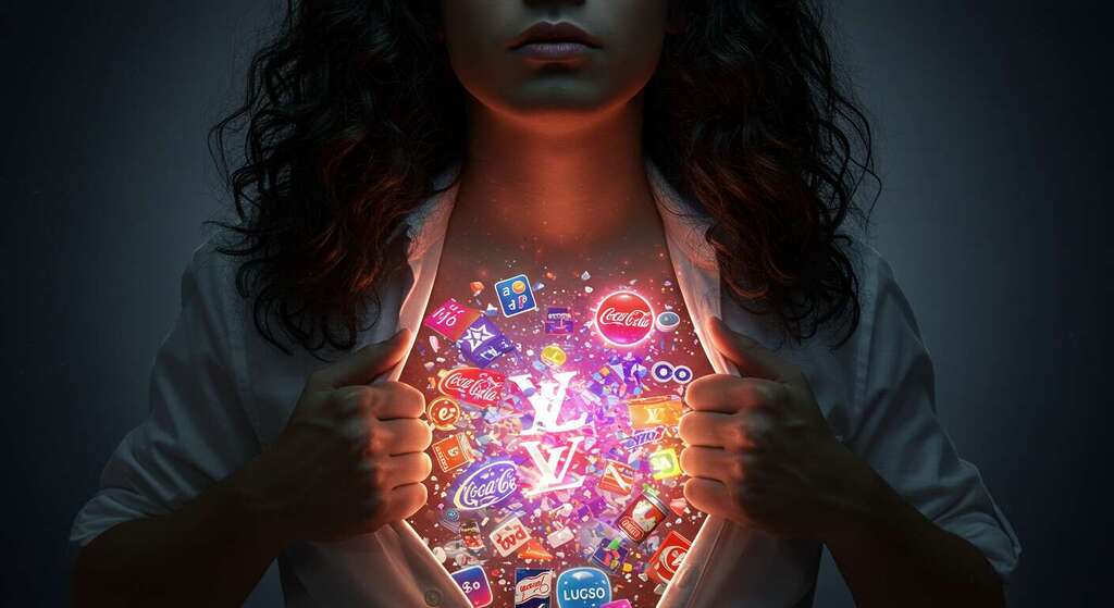 Ilustração conceitual mostrando a essência da marca de pequenas empresas, cores e símbolos luminosos emergindo de silhueta humana