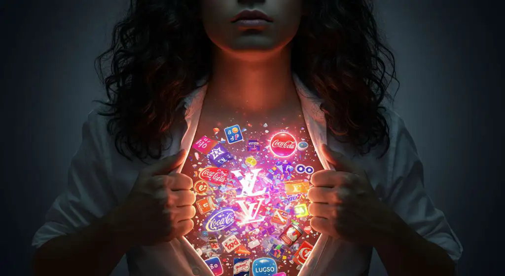 Ilustração conceitual mostrando a essência da marca de pequenas empresas, cores e símbolos luminosos emergindo de silhueta humana