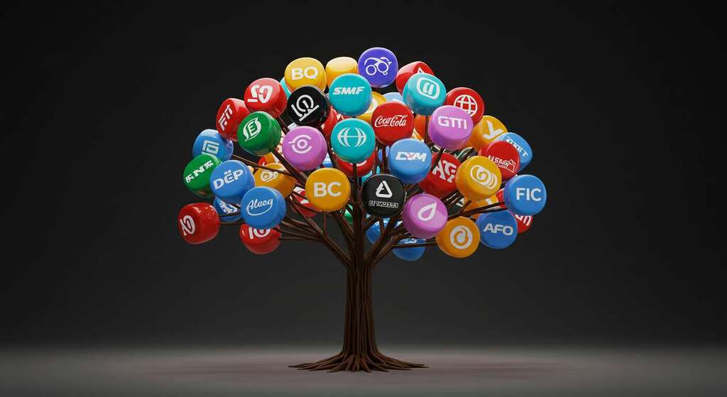 Árvore geométrica luminosa com ícones de marca nos galhos, representando evolução da identidade visual e crescimento da empresa