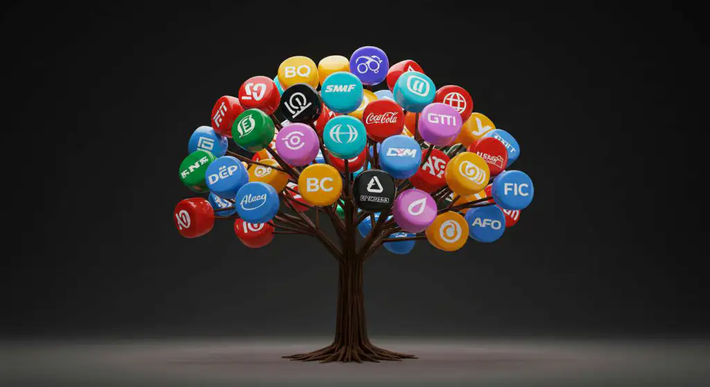 Árvore geométrica luminosa com ícones de marca nos galhos, representando evolução da identidade visual e crescimento da empresa