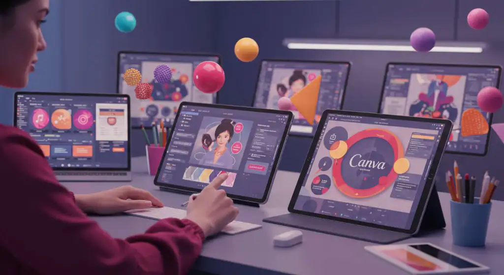 Designer exportando logomarca profissional no Canva em múltiplos formatos, pronto para redes sociais e impressão