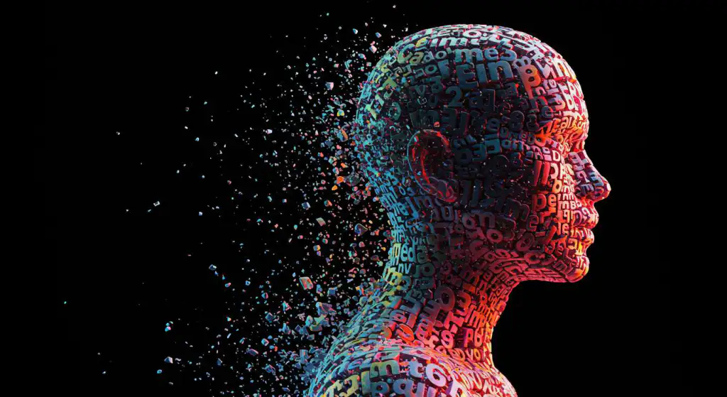 Silhueta humana formada por tipografia e cores, transformando-se em logo, conceito criativo de identidade visual profissional para pequenas empresas