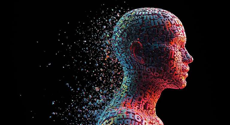 Silhueta humana formada por tipografia e cores, transformando-se em logo, conceito criativo de identidade visual profissional para pequenas empresas