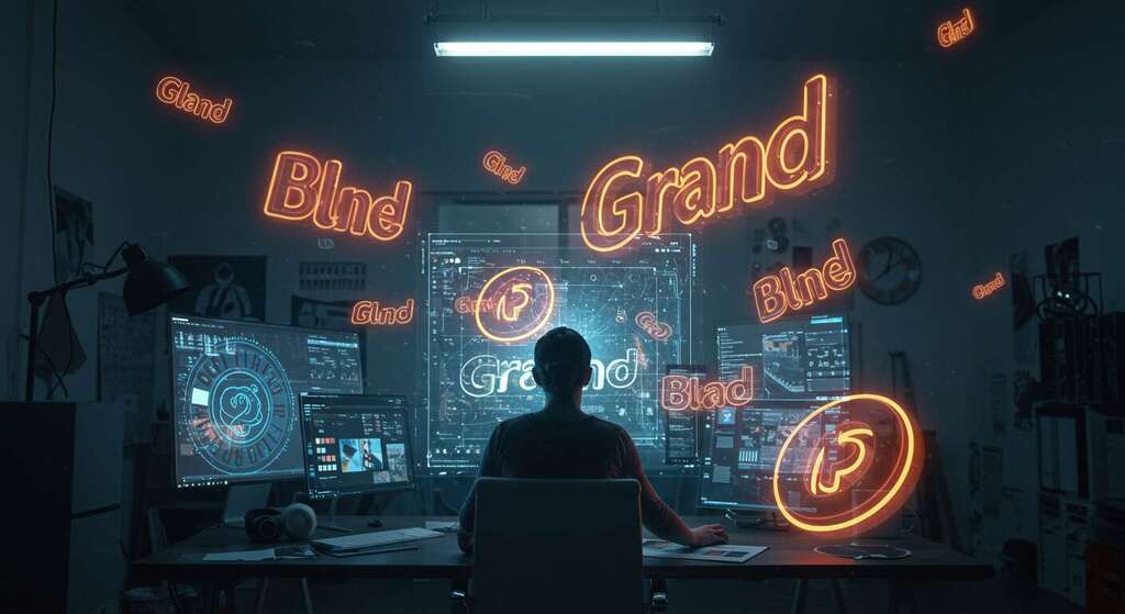 Designer analisando logomarcas criativas em ambiente moderno, destacando identidade visual de marca