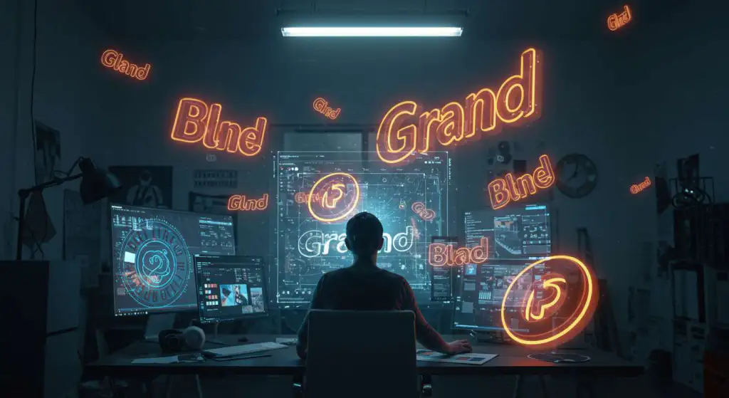 Designer analisando logomarcas criativas em ambiente moderno, destacando identidade visual de marca