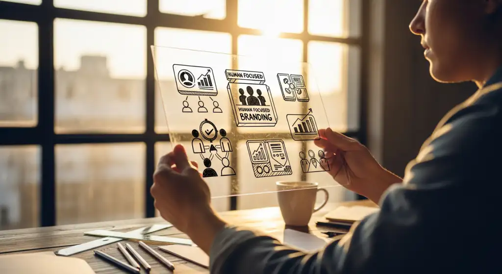 Designer selecionando símbolos de marca que criam conexão emocional e reforçam o branding da empresa.