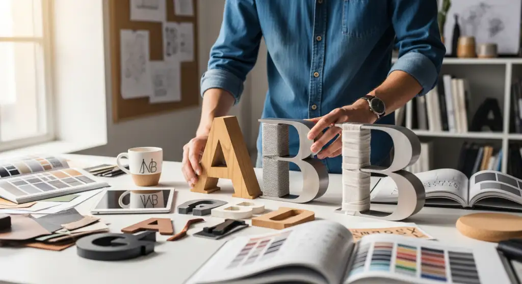Designer experimentando fontes e tipografia estratégica para transmitir a personalidade e história da marca.