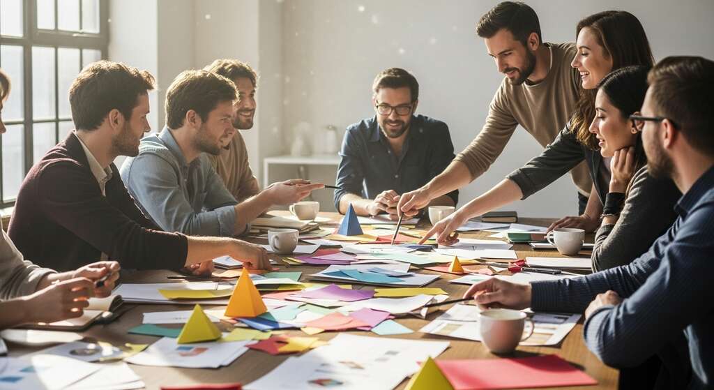 Equipe de designers trabalhando com cores, formas e materiais para fortalecer a identidade visual da marca.