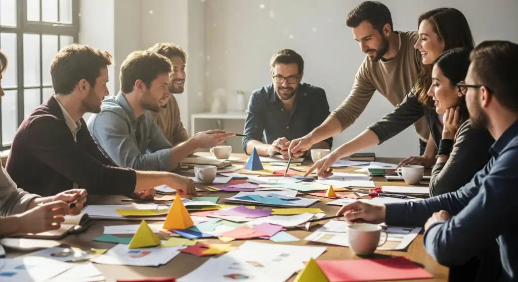 Equipe de designers trabalhando com cores, formas e materiais para fortalecer a identidade visual da marca.